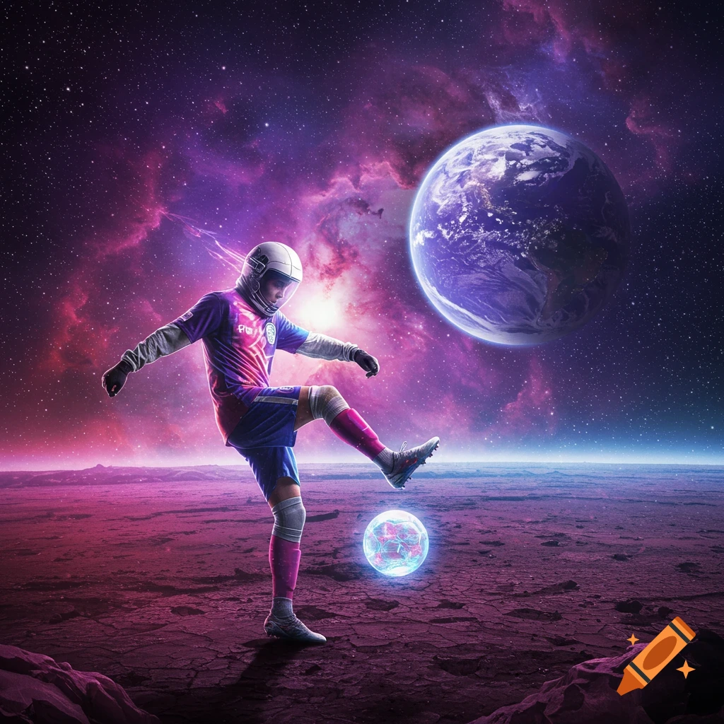 A soccer player in a helmet kicks a glowing ball on a rocky alien surface with a planet and nebula in the background.