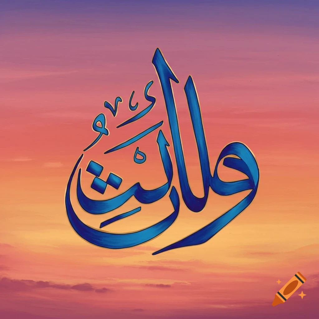 Blue Arabic calligraphy over an orange and purple sunset sky.