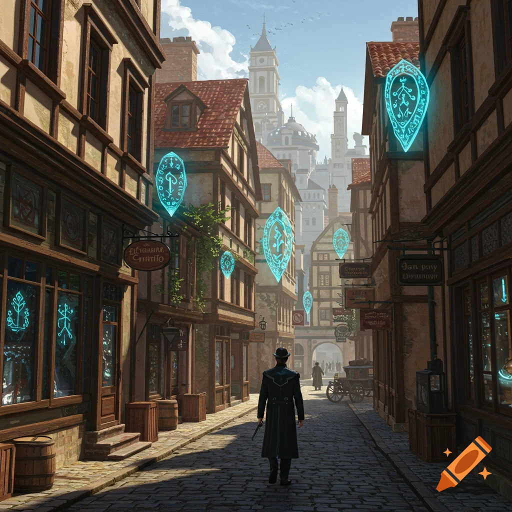 A figure in a coat walks down a cobblestone street in a city lined with old buildings and glowing blue symbols.