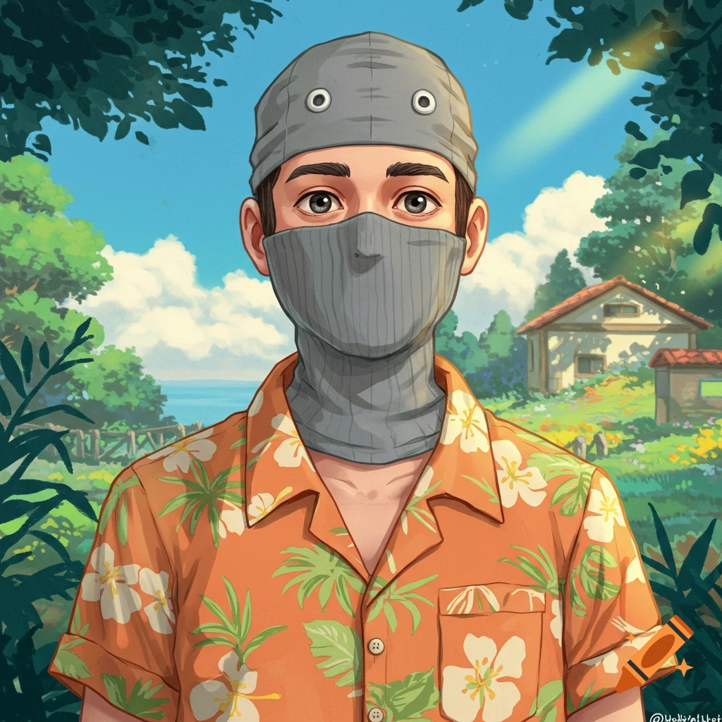 A person in a grey balaclava and Hawaiian shirt, in a sunny outdoor scene.
