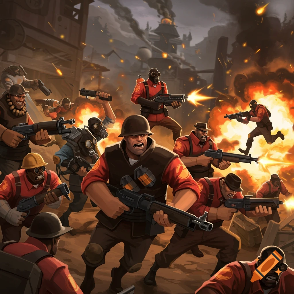 Team Fortress 2 characters fighting in a battlefield with explosions.