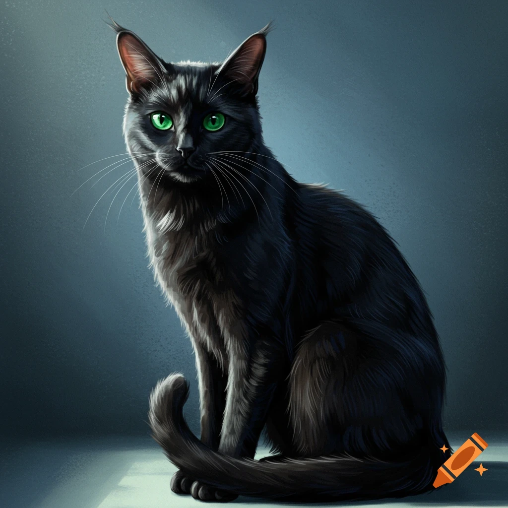 A black cat with green eyes.