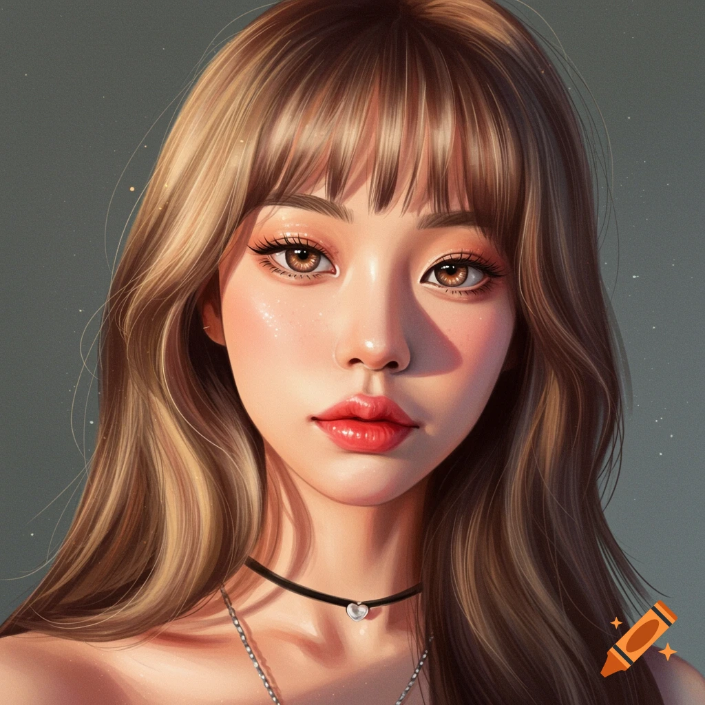 A close-up image of a woman with long brown hair, bangs, and a black choker with a heart pendant.