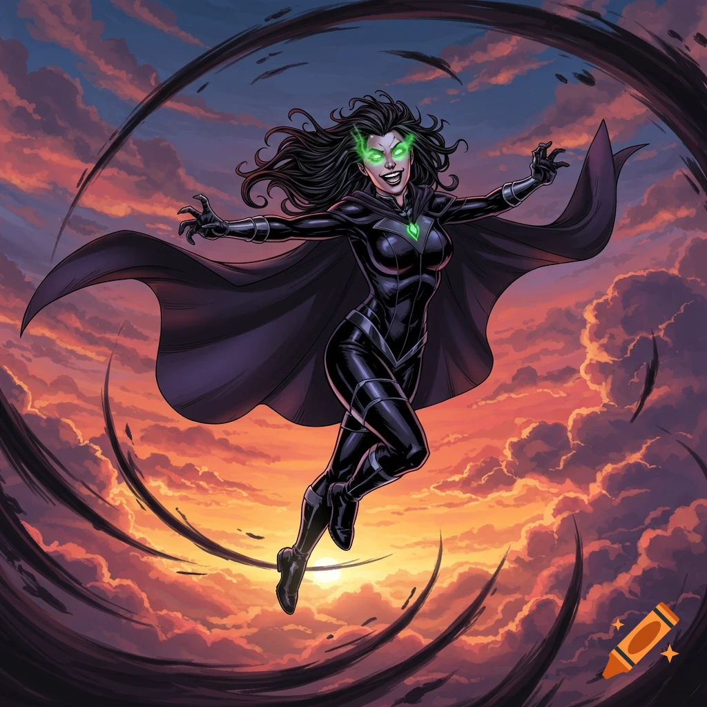 A female super villain flies through a sunset sky surrounded by dark energy in a comic art style.