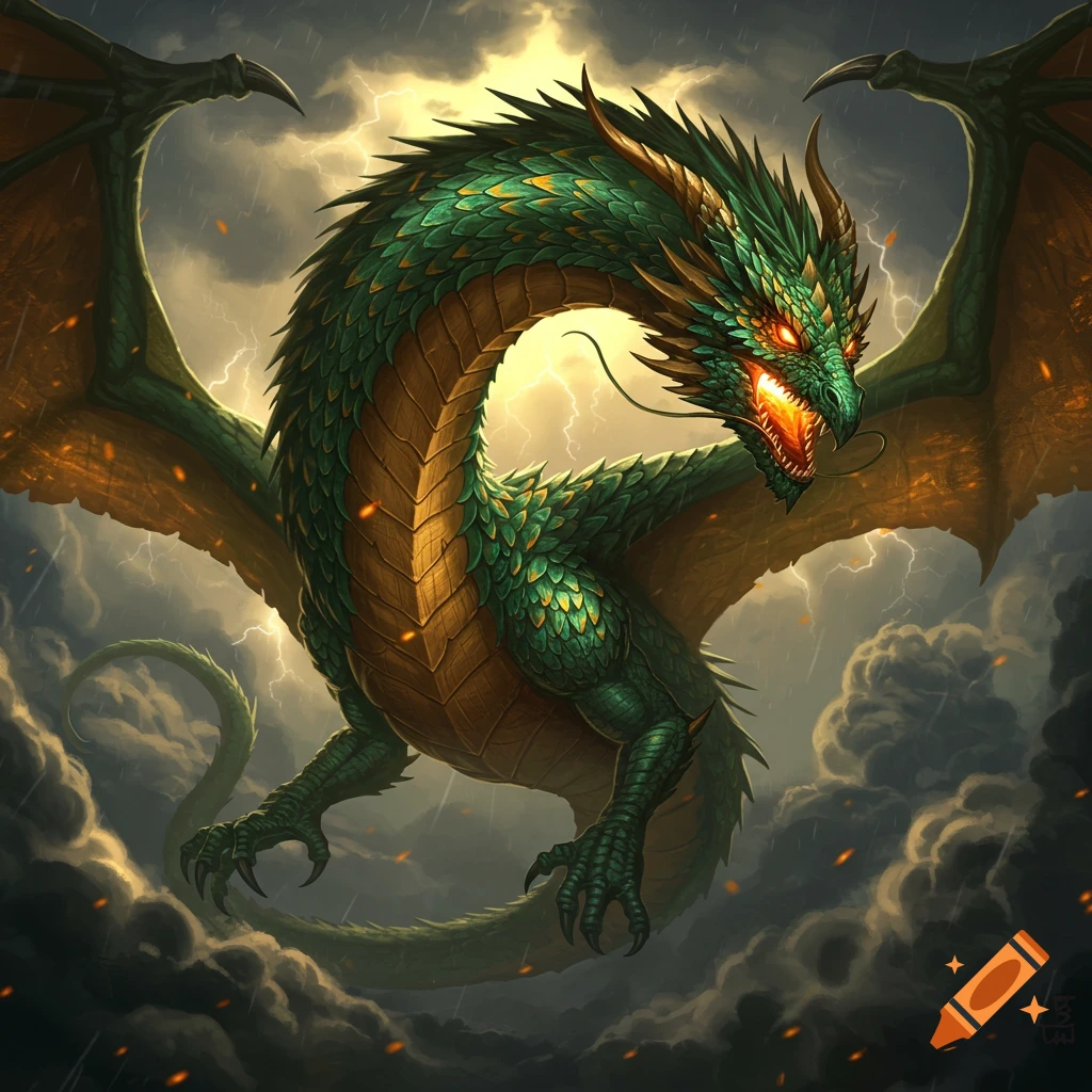 A green and gold dragon flies through a stormy sky with lightning.