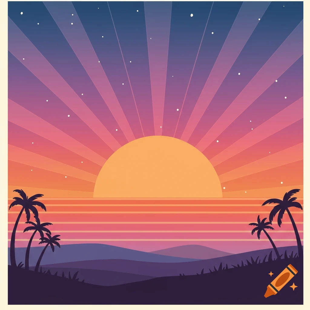 Retro drawing of a sunset with palm trees over a landscape.