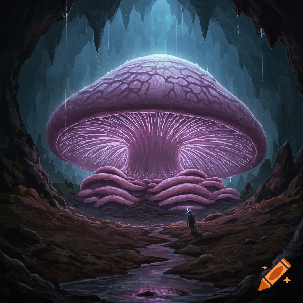 A massive glowing purple mushroom in an underground cave with a small figure.