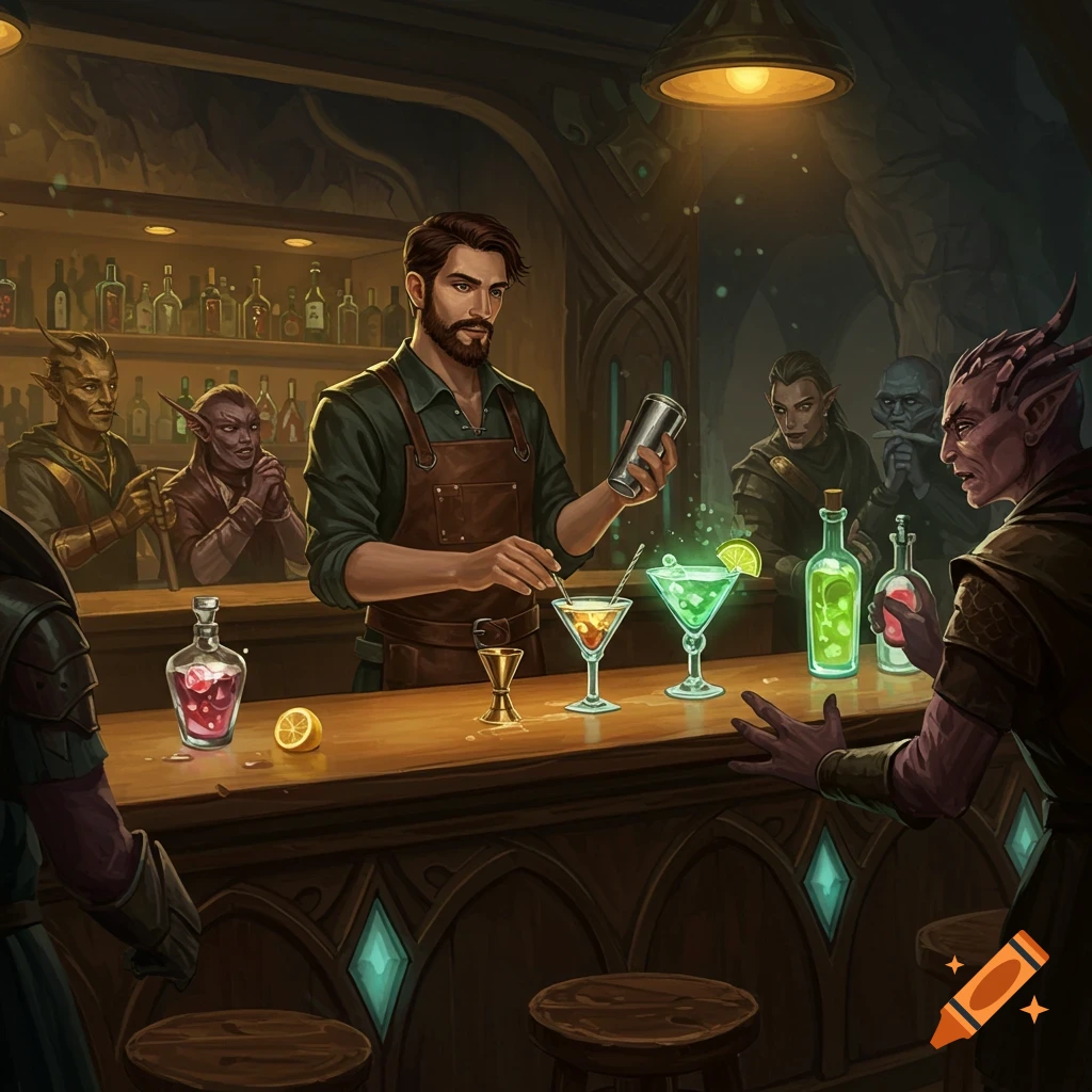 A human bartender is serving drinks to fantasy creatures at a bar.
