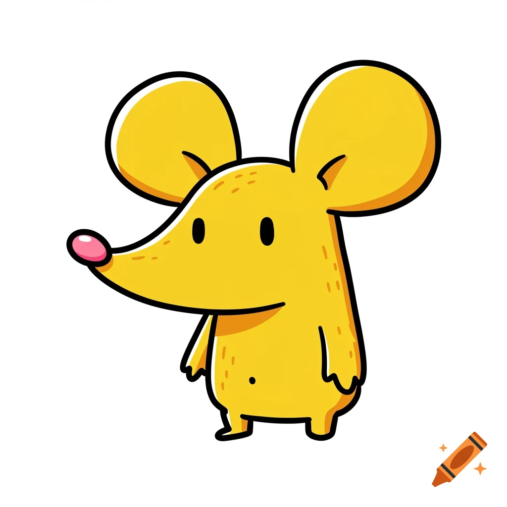 A simple yellow cartoon mouse with large ears and a pink nose stands.