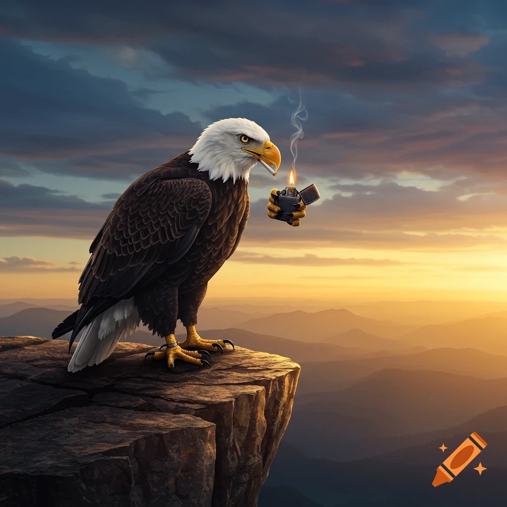 A bald eagle lighting a cigarette with a lighter while perched on a cliff overlooking mountains at sunset.