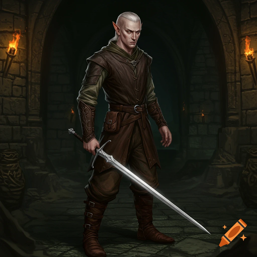 An elf character in armor holding a sword in a dungeon.