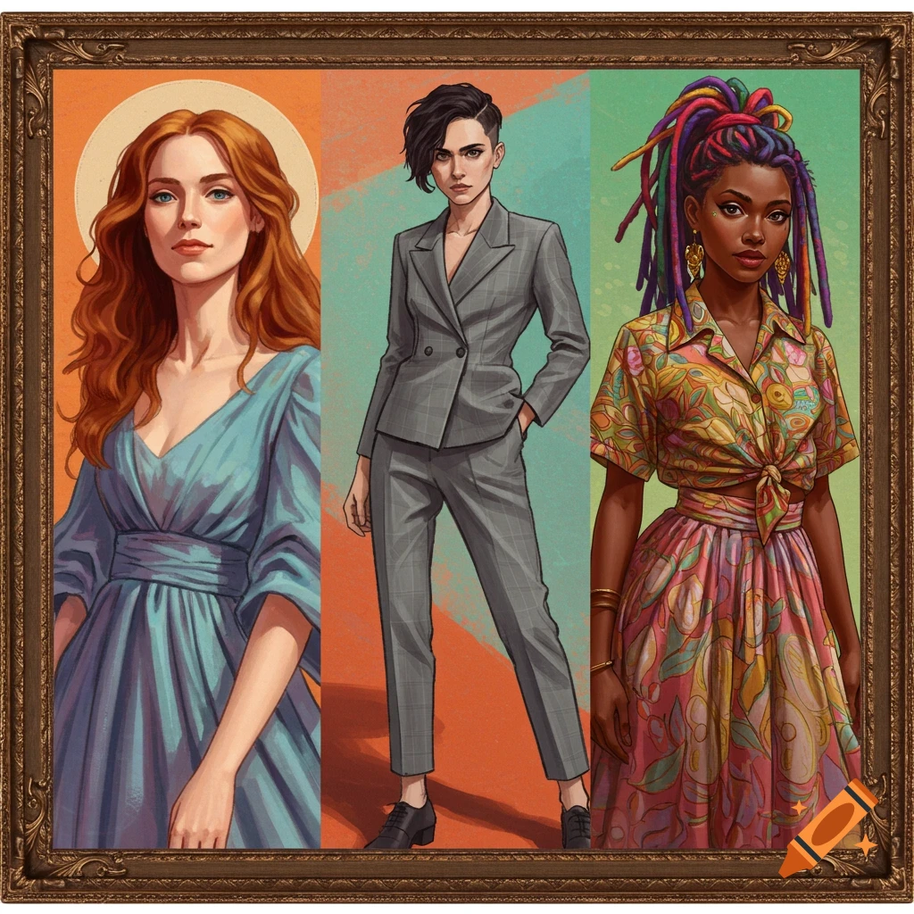 Painting of three women with different hairstyles and clothing styles in a frame.