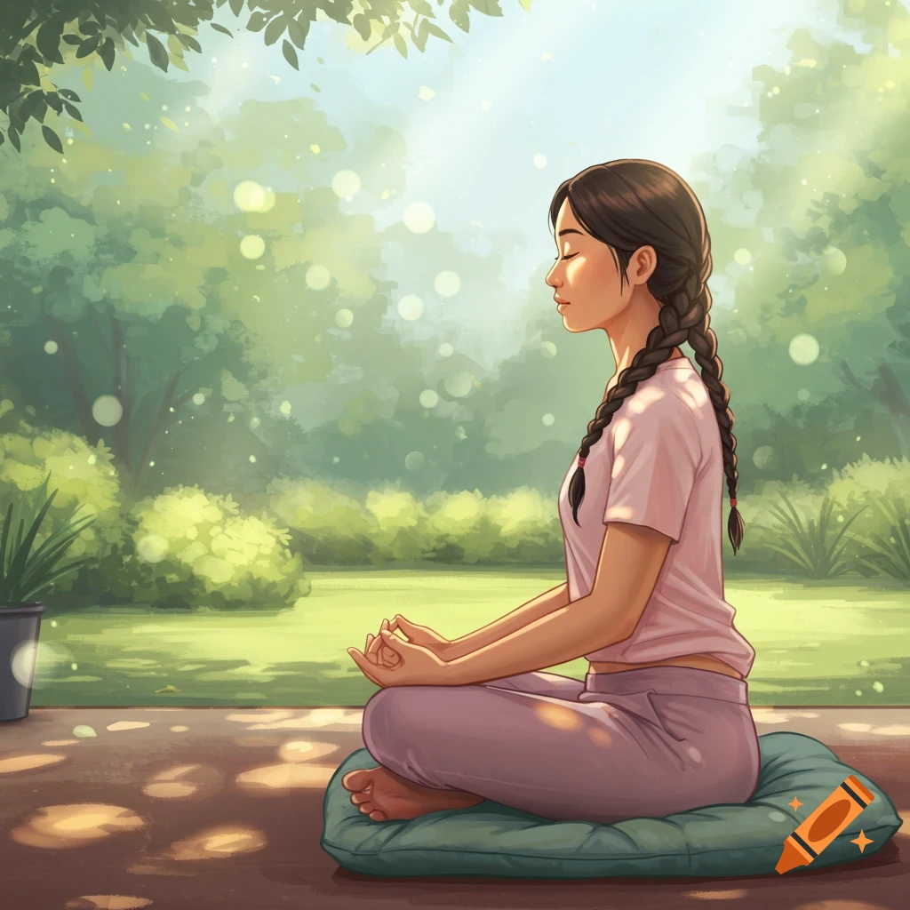 A woman meditating outdoors on a sunny day.