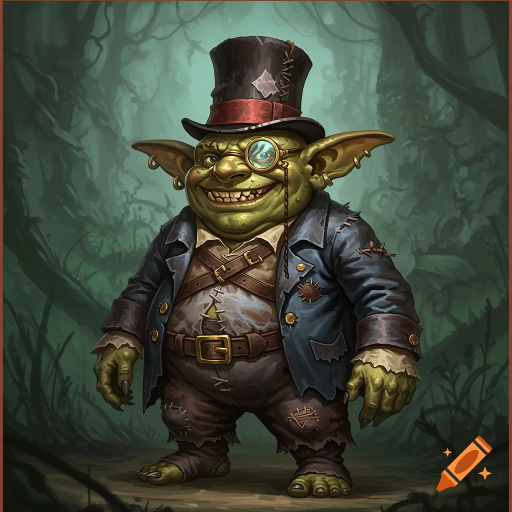 A whimsical image of a goblin with a top hat and monocle in a forest.