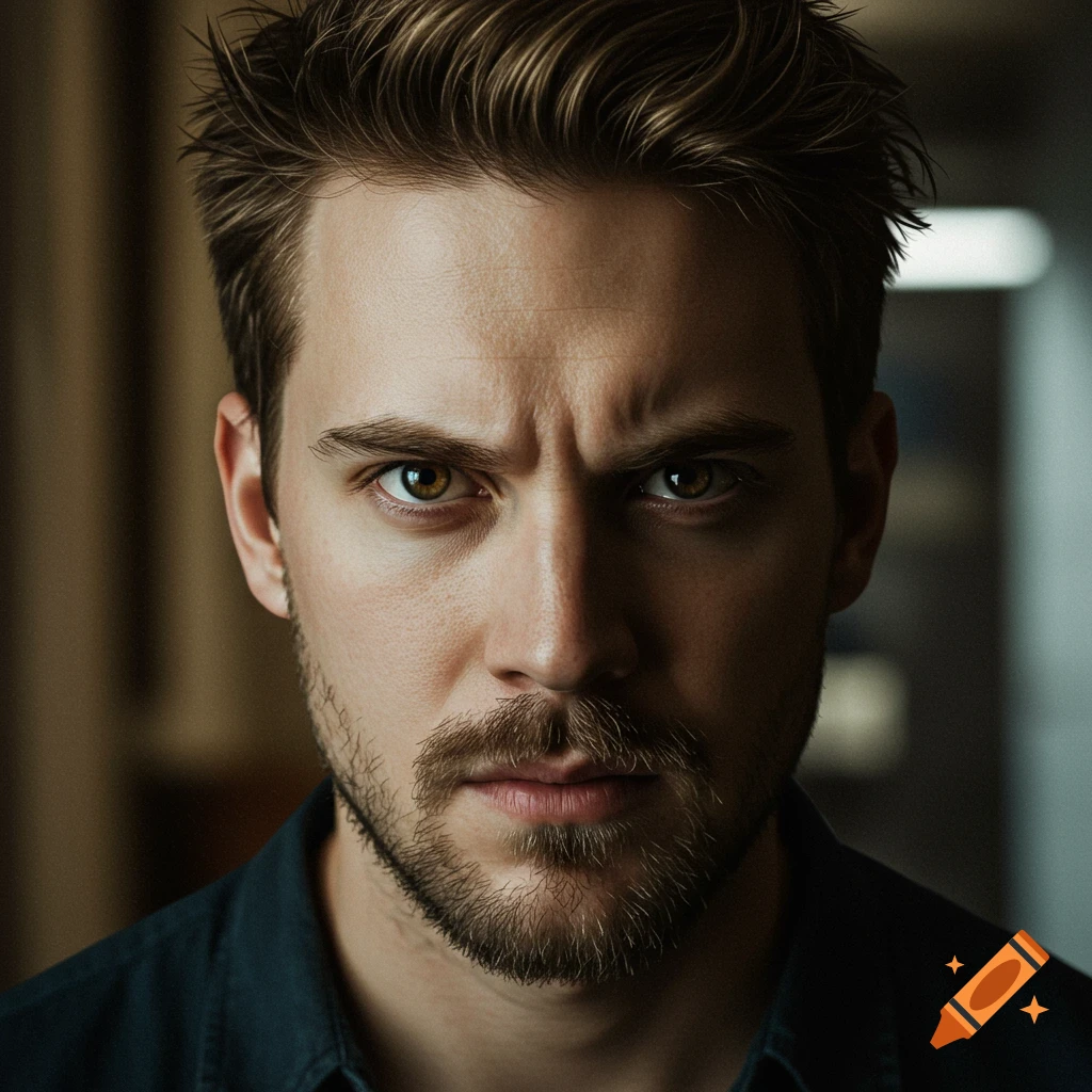 Close-up portrait of an angry man with a beard staring at the camera.