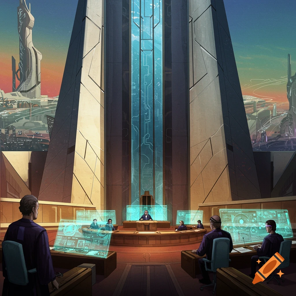 A futuristic court chamber with large screens and views of a futuristic city.