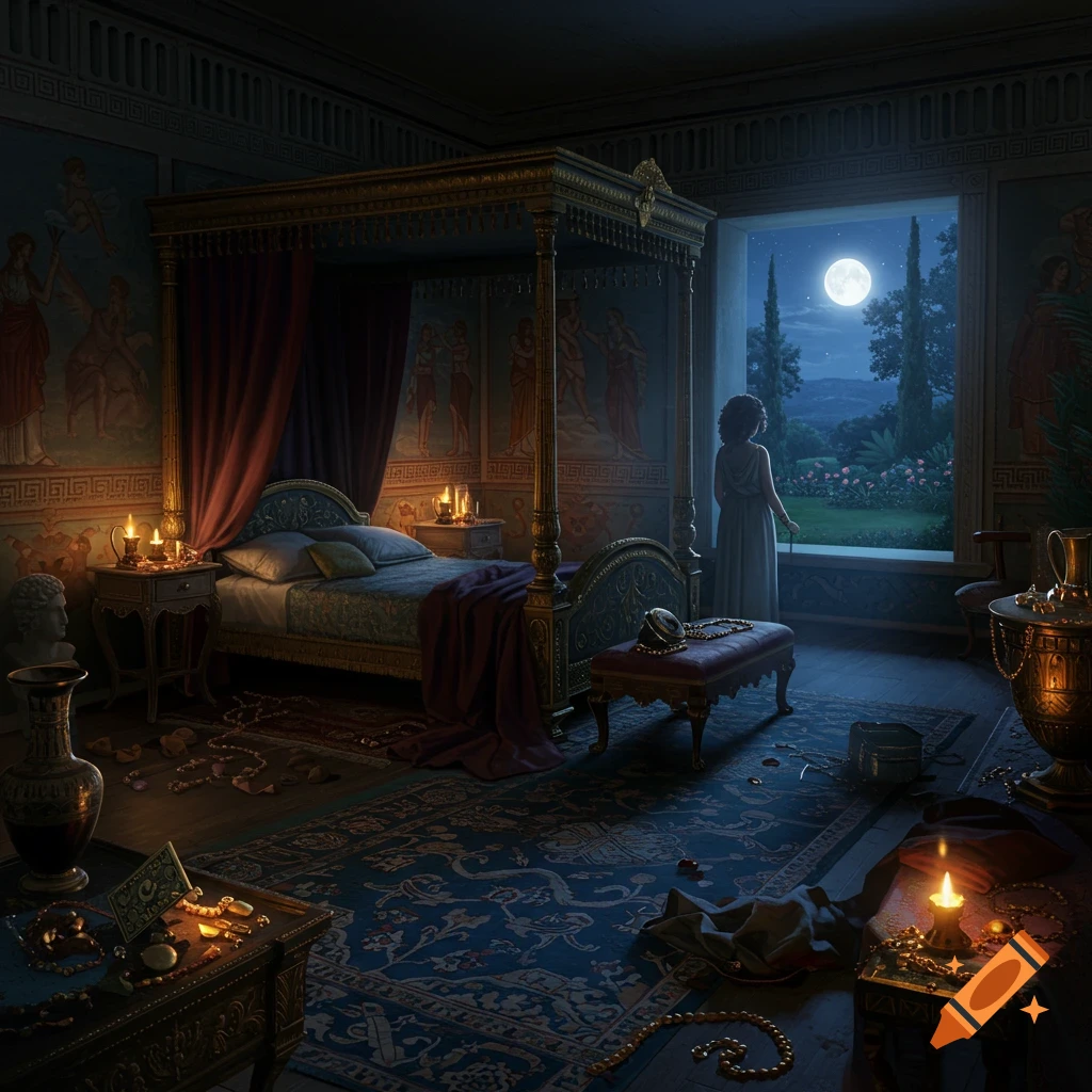 A woman in an ancient Greek bedroom looks out a window at a full moonlit garden.
