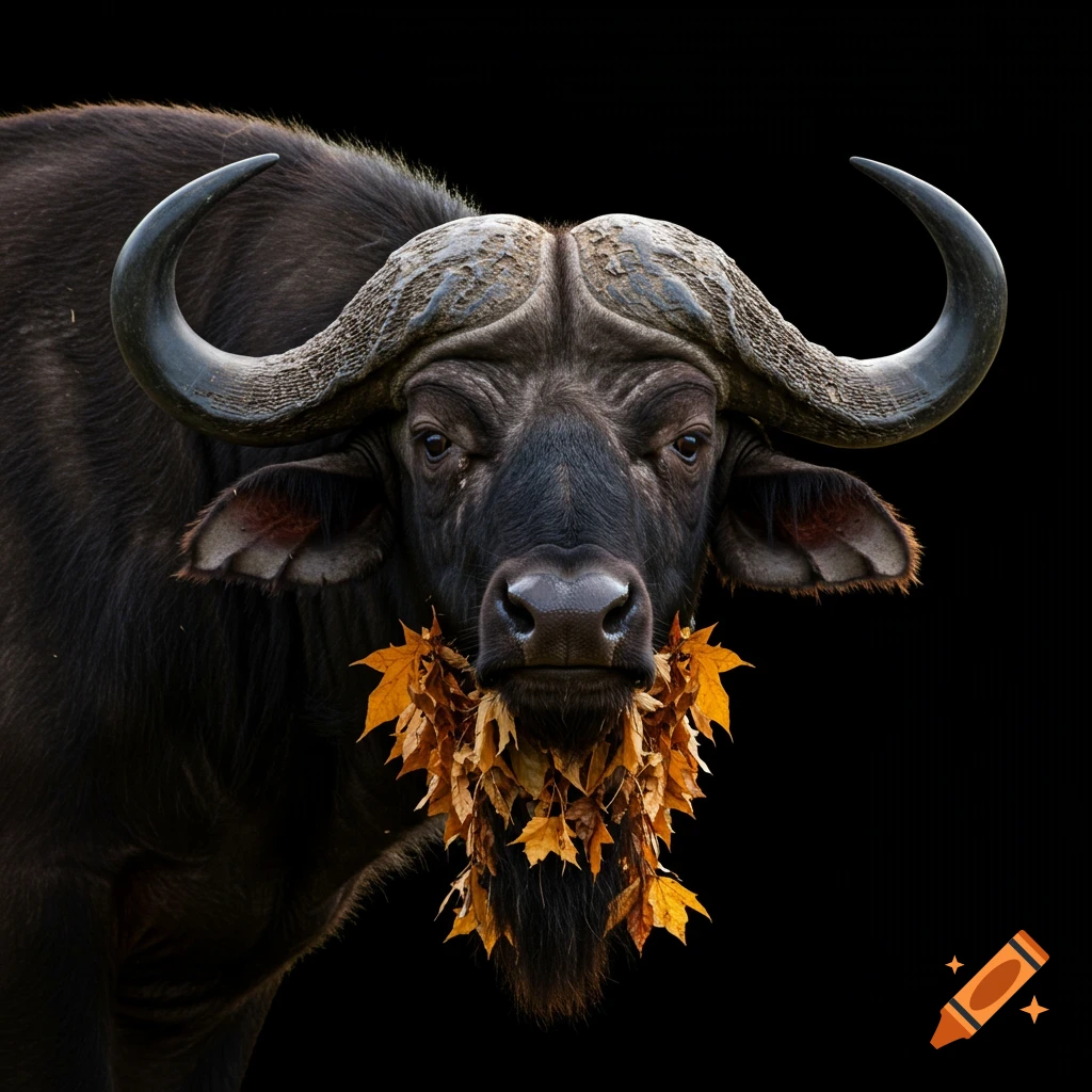 Close-up portrait of a buffalo with a beard made of autumn leaves against a black background.