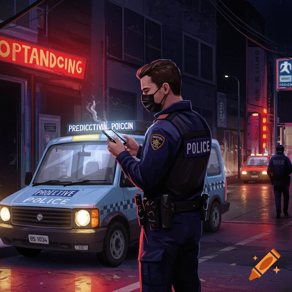 A police officer is standing on a street at night looking at a phone. A police van and other cars are visible.