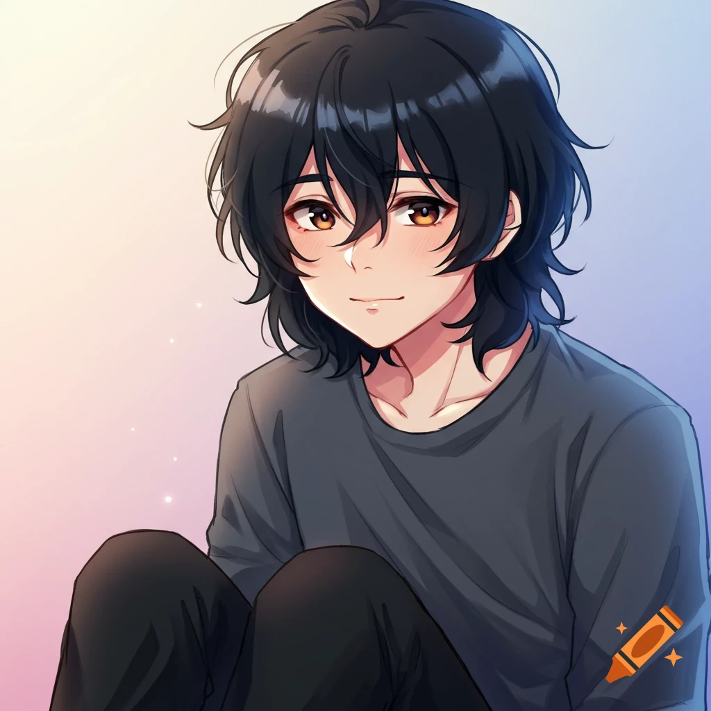 Anime portrait of a young person with dark hair and brown eyes