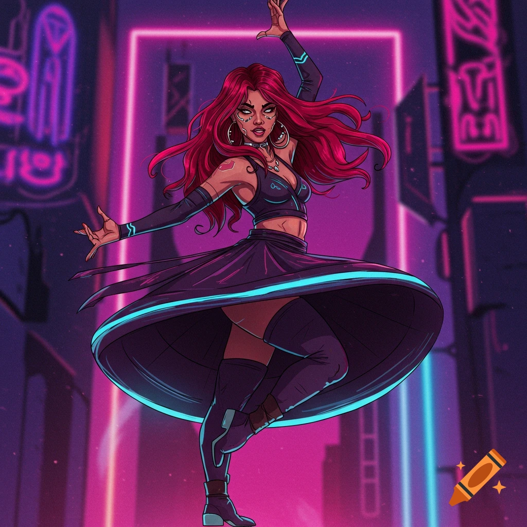 A red-haired dancer in a black outfit is performing in a neon cyberpunk city.