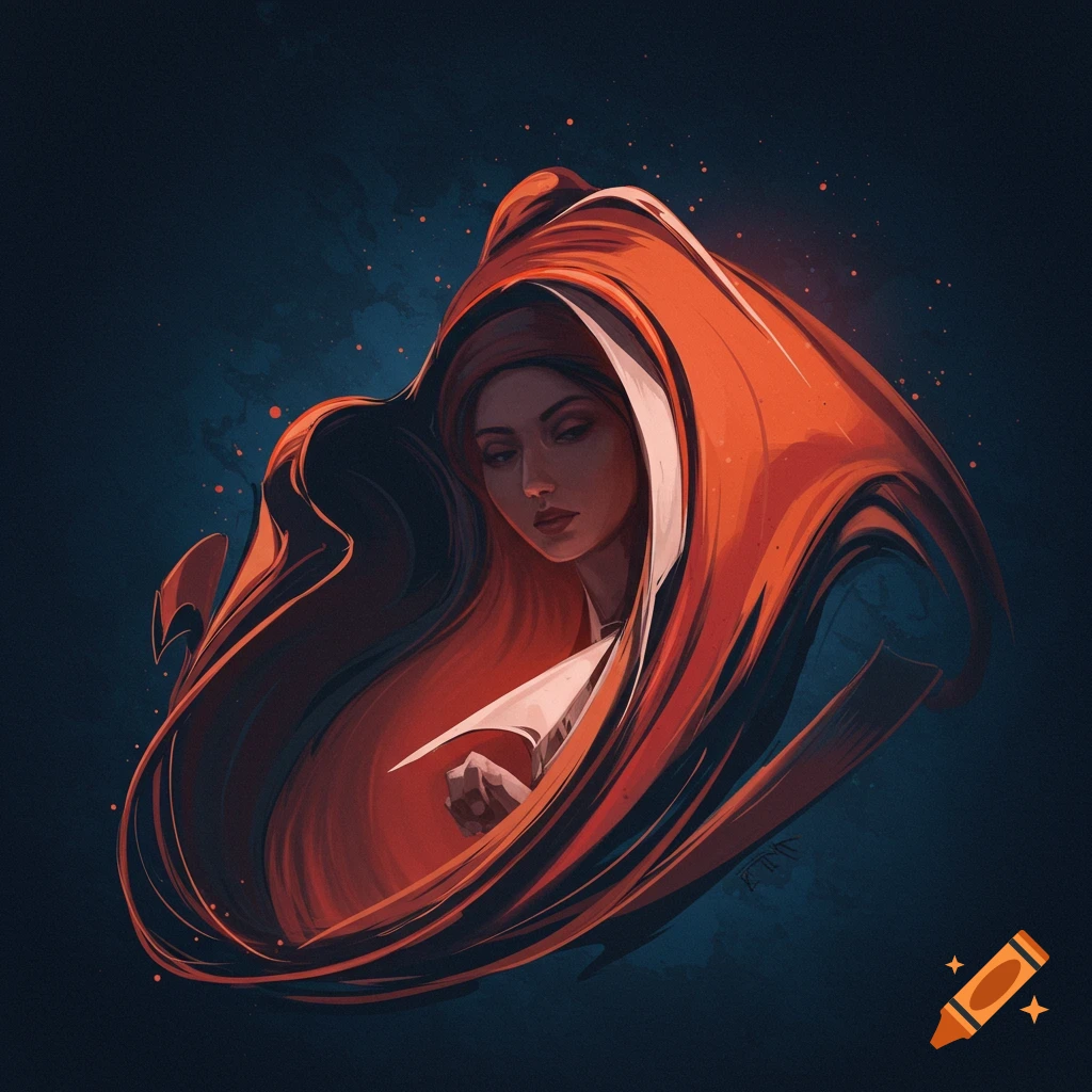 A woman wrapped in flowing orange fabric against a dark background