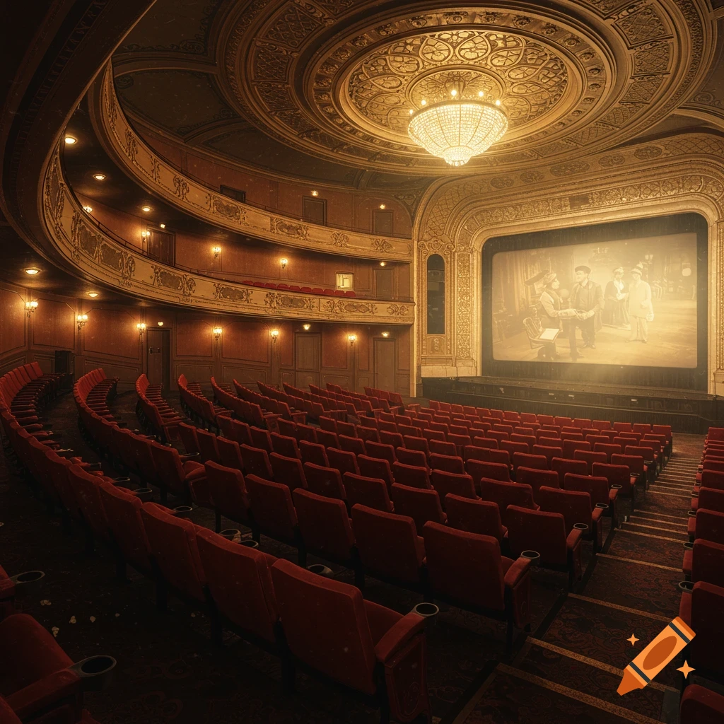 A grand movie theater interior with rows of red seats, ornate ceiling, chandelier, and a screen showing an old film.