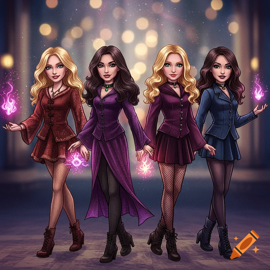 Four women in fantasy-style jackets and skirts stand together, holding glowing magical energy.