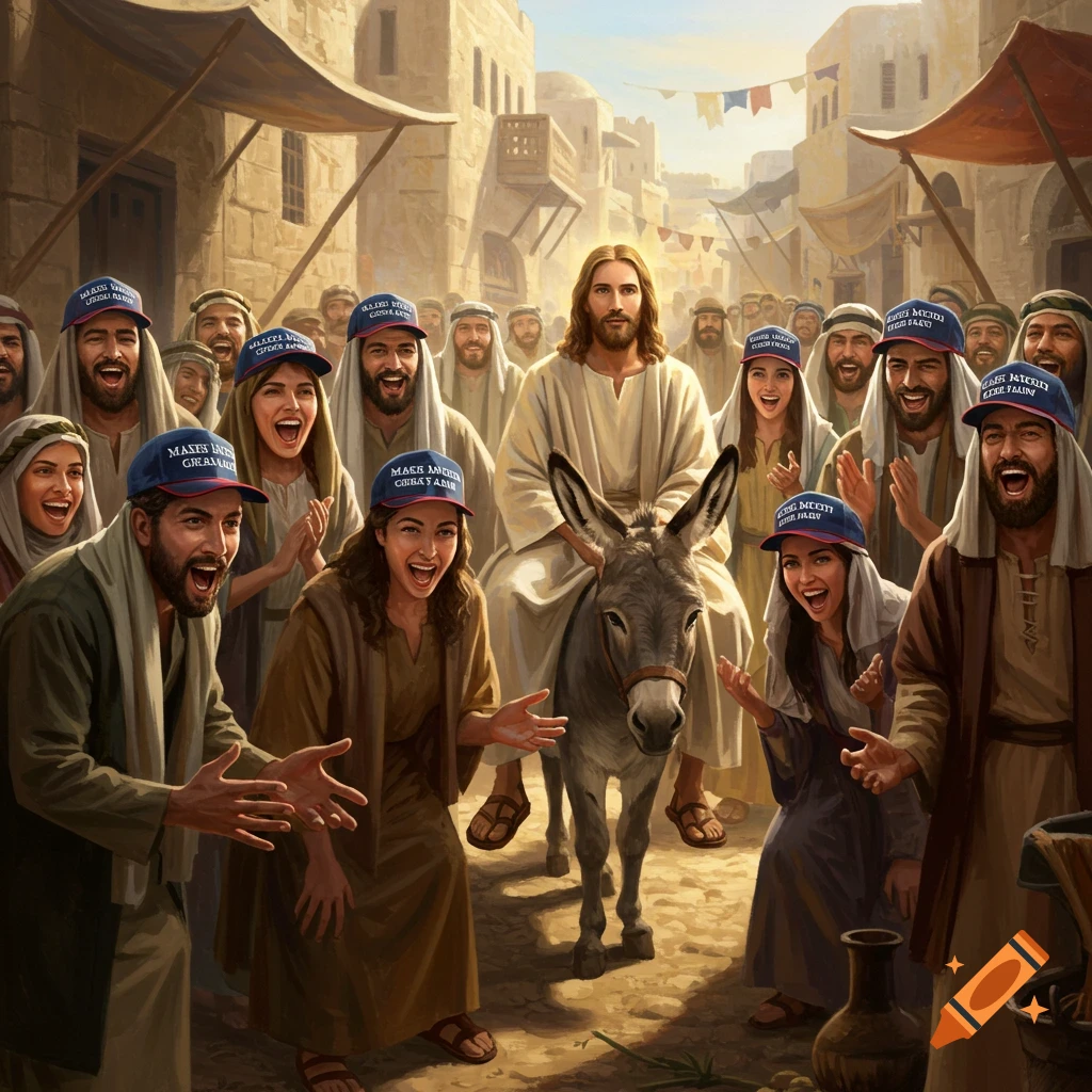 Image of Jesus riding a donkey through a cheering crowd in a historical setting, many wearing political hats.