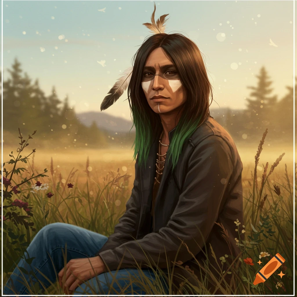 Image of a Native American person with face paint in a grassy field.