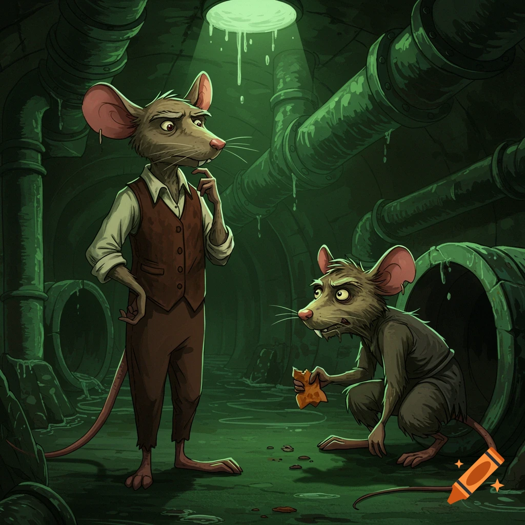 Cartoon illustration of two anthropomorphic mice in a dark, gritty sewer.