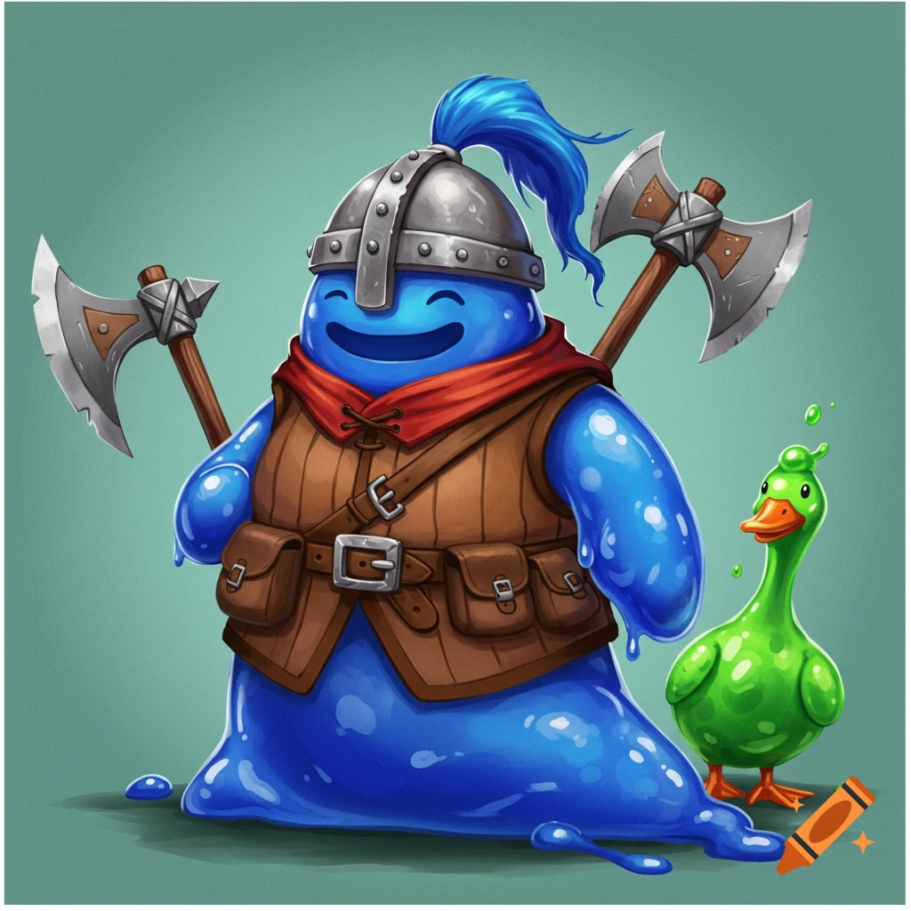 A blue slime creature in armor holding axes stands beside a green slime goose.
