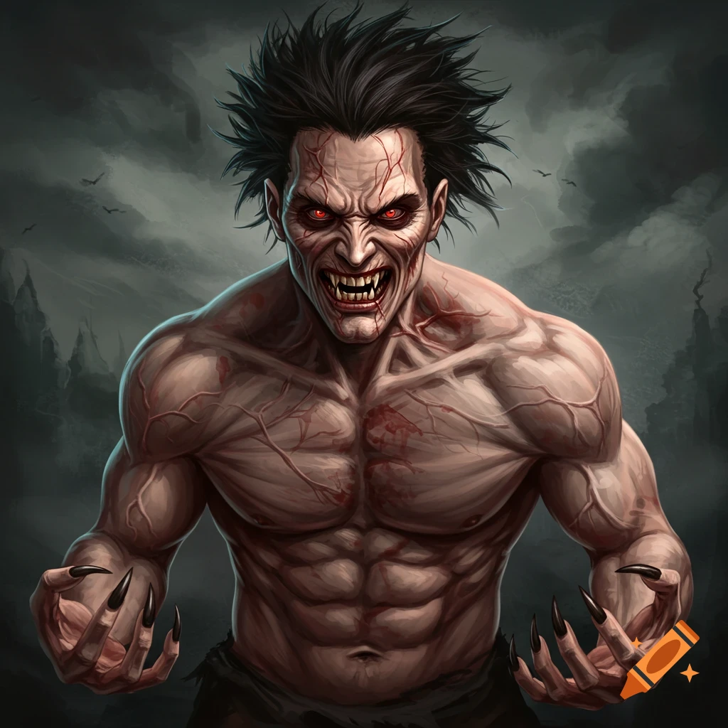 A muscular horror creature with claws and red eyes