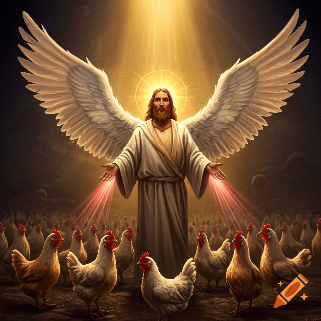 A figure resembling Jesus with large wings stands before a flock of chickens, bathed in light