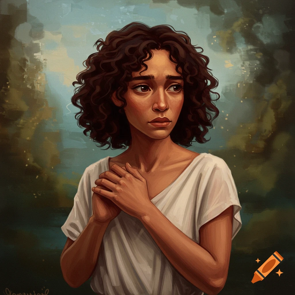 A woman with dark curly hair, looking distressed, with hands clasped, against a blurry background.