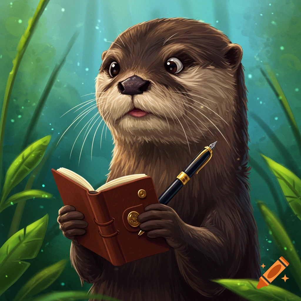 A cute otter holding a small book and a pen, looking surprised.