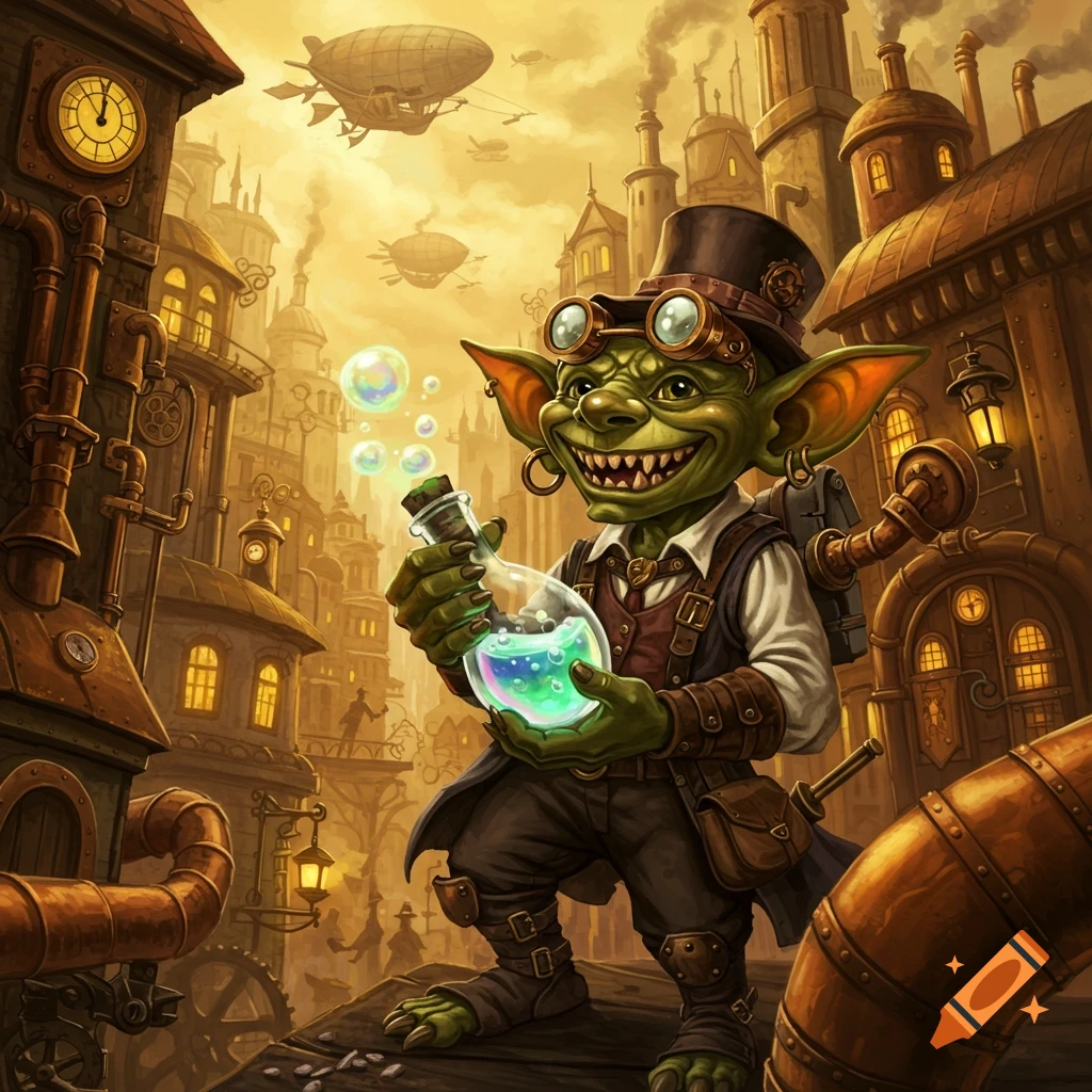 A smiling goblin holding a glowing potion bottle in a steampunk town with airships.