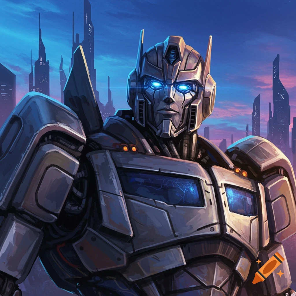 A robot, Sentinel Prime, stands before a futuristic city skyline.