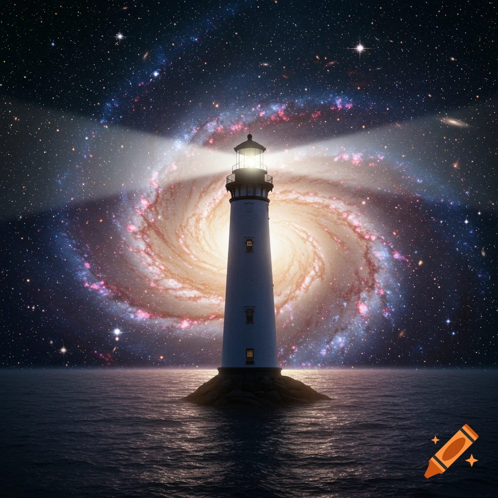 A realistic image of a lighthouse on a rock in the ocean with a spiral galaxy and stars in the night sky.