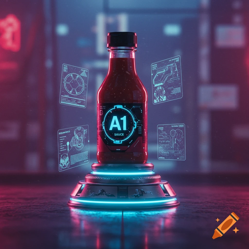 Futuristic A1 sauce bottle on a glowing base with floating holographic screens in a cyberpunk setting.