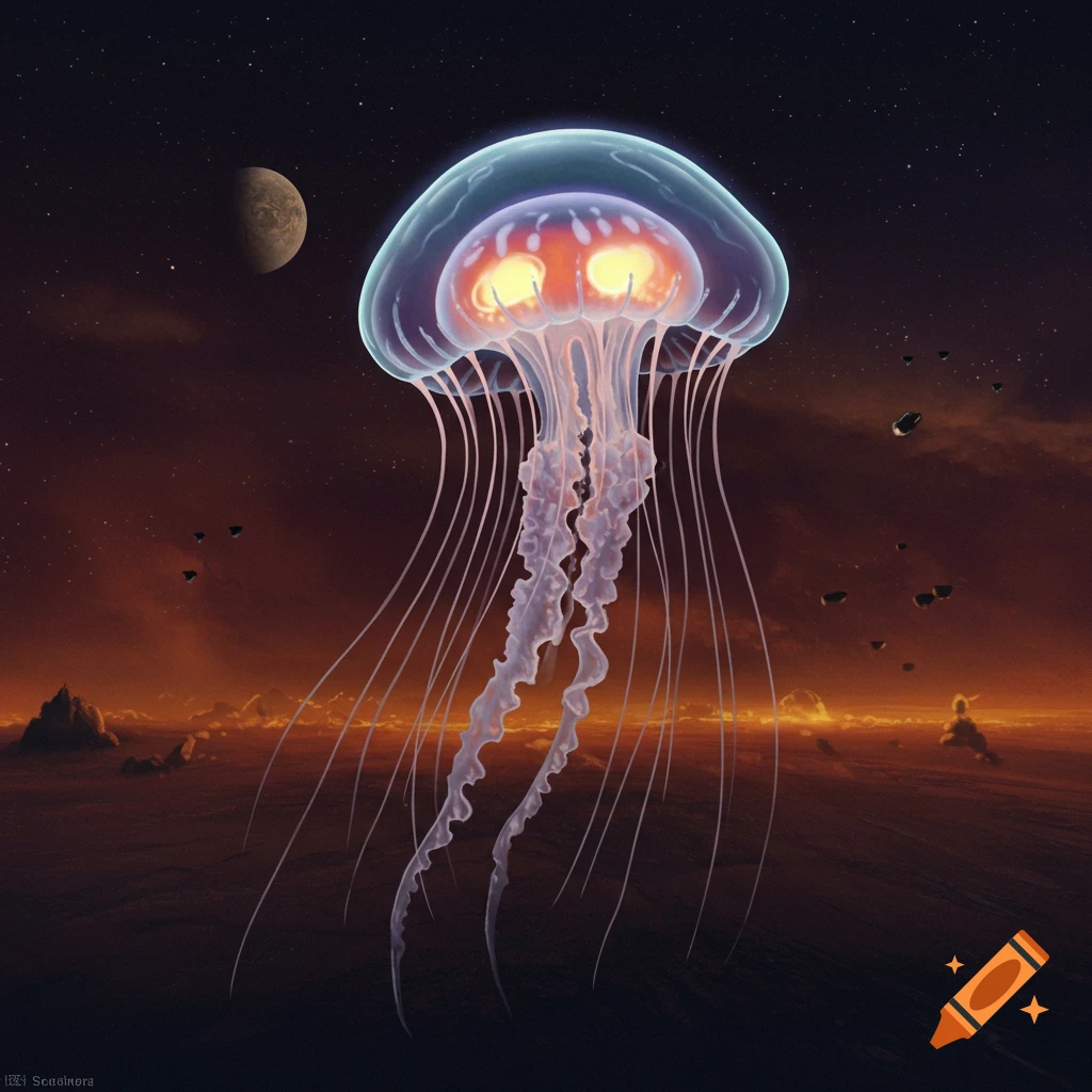 A large, glowing jellyfish-like alien floats above an alien planet surface with moons and stars.