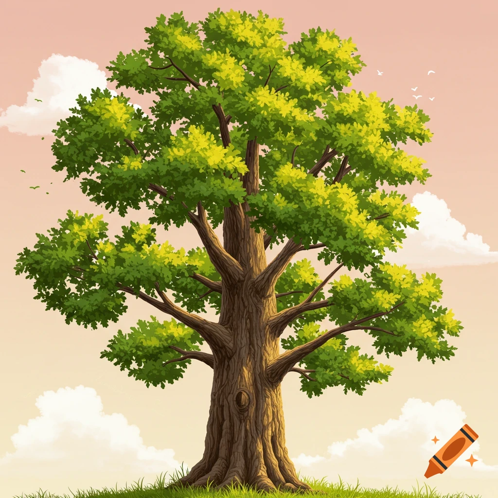 A large, leafy tree stands on a grassy hill against a cloudy sky with birds.