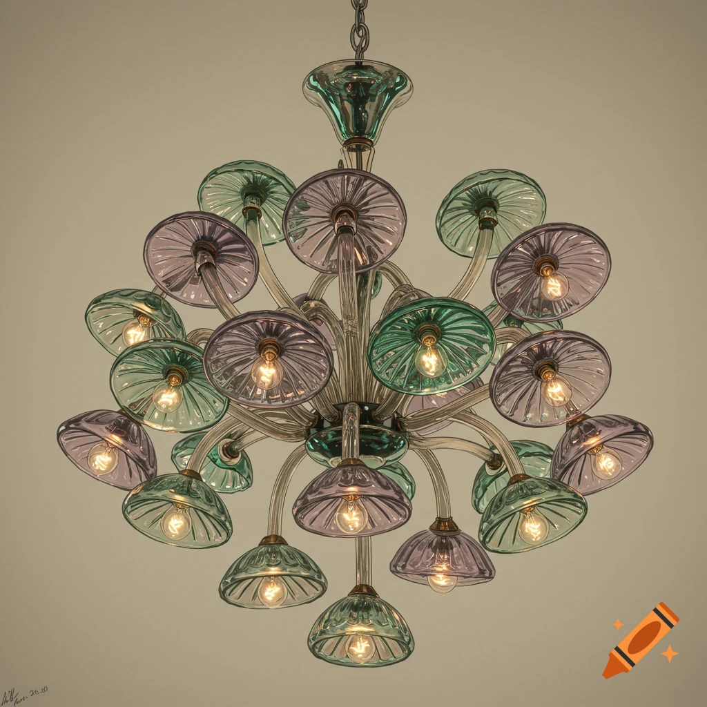 A chandelier with purple and green glass mushroom-like shades.