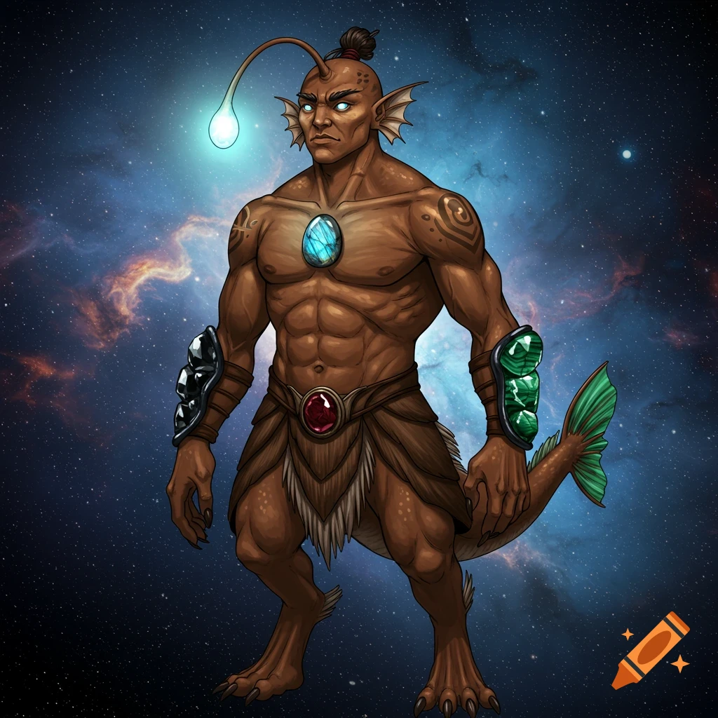 Illustration of a humanoid anglerfish creature with armor and tail standing against a galaxy background.