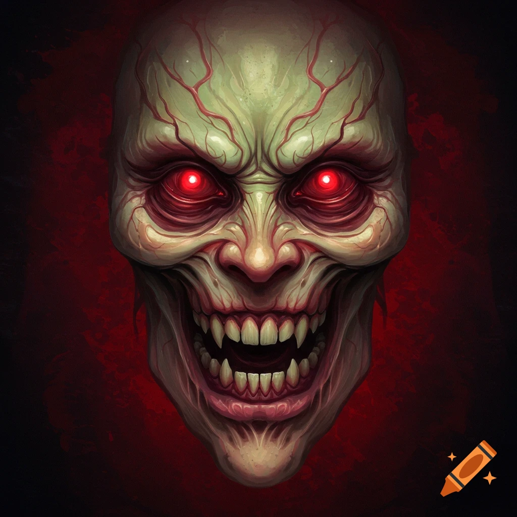 Close-up of a scary green-skinned face with glowing red eyes and sharp teeth.