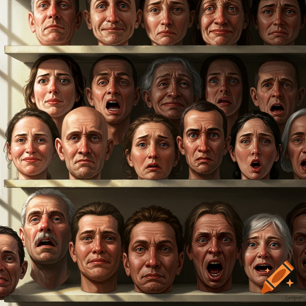 Realistic image of many human heads on shelves displaying various emotions.