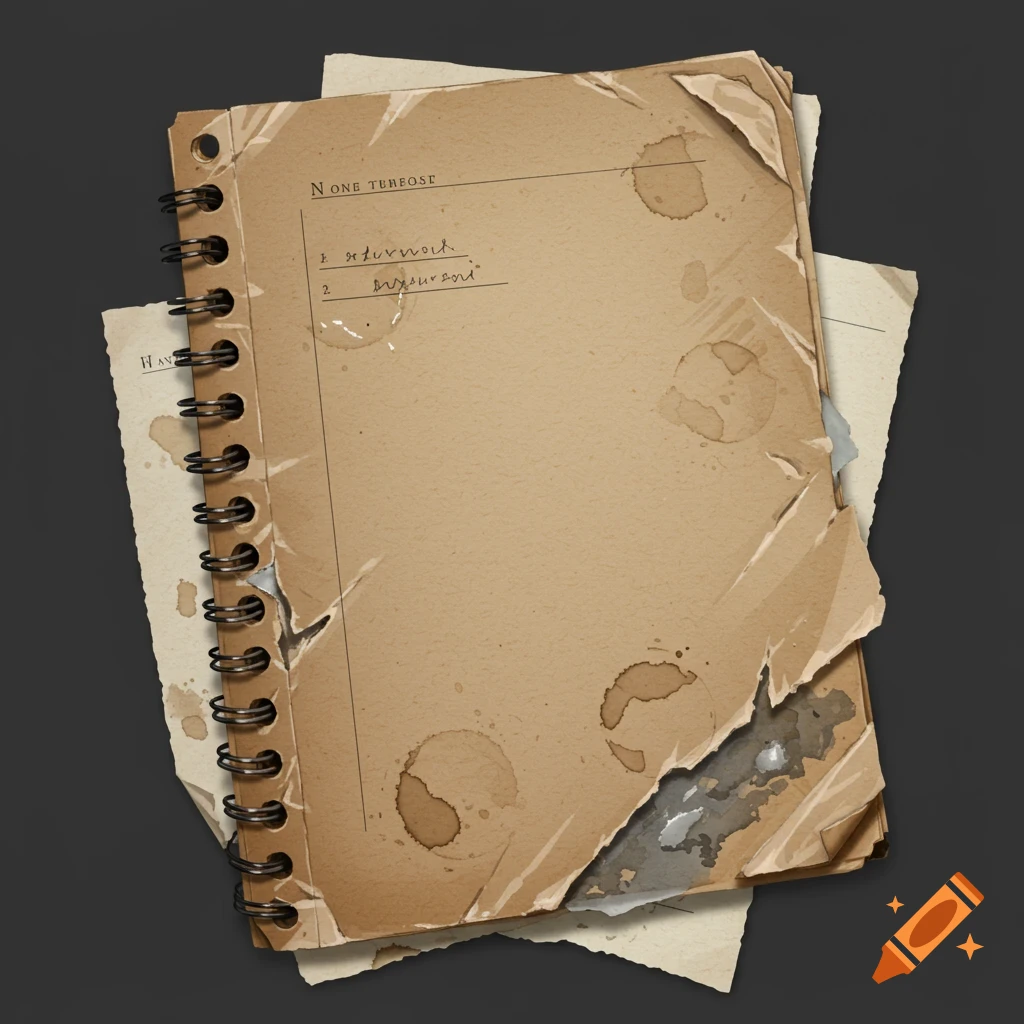A damaged, stained spiral notebook with torn pages on a dark background.