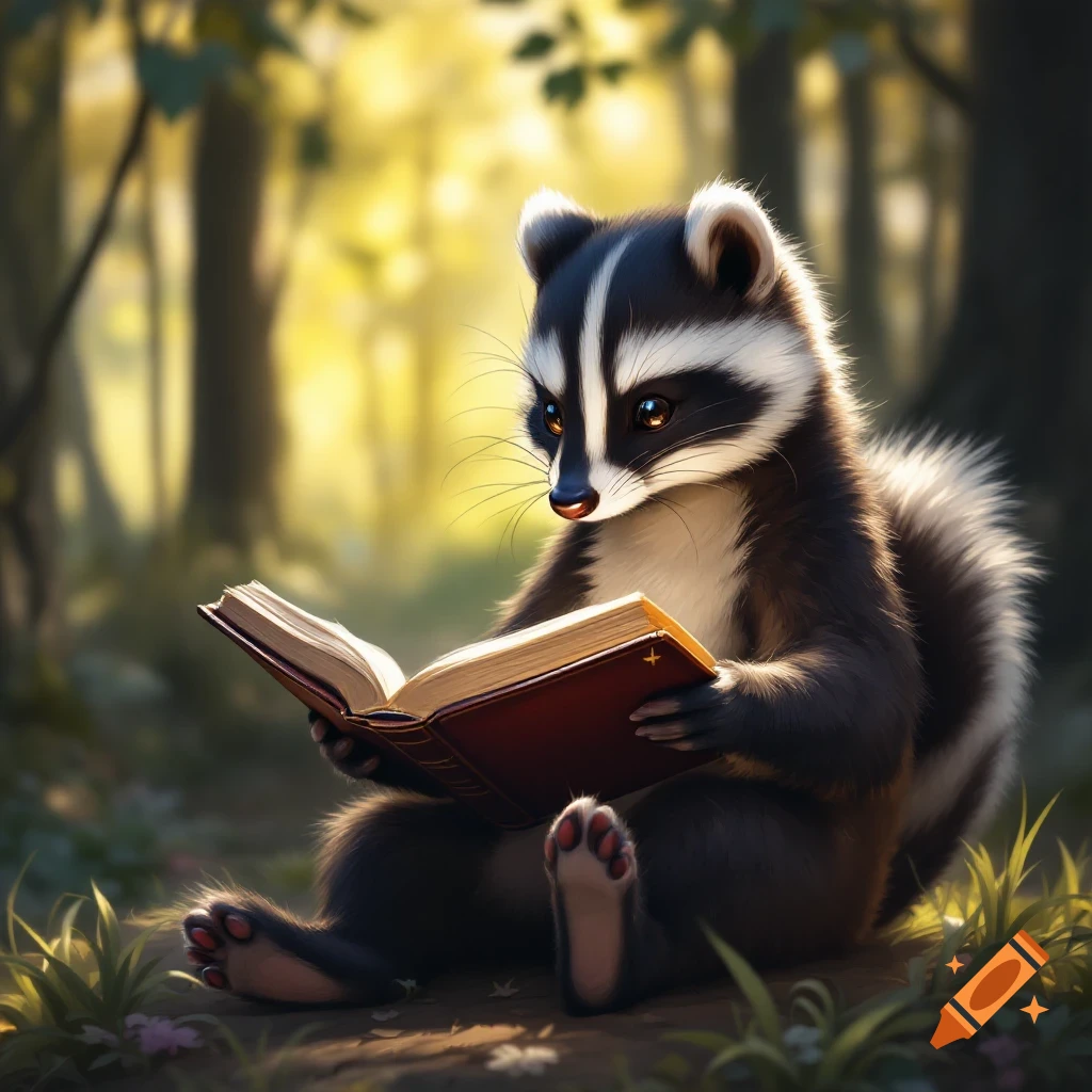 A cute cartoon raccoon sitting in a forest reading a book.
