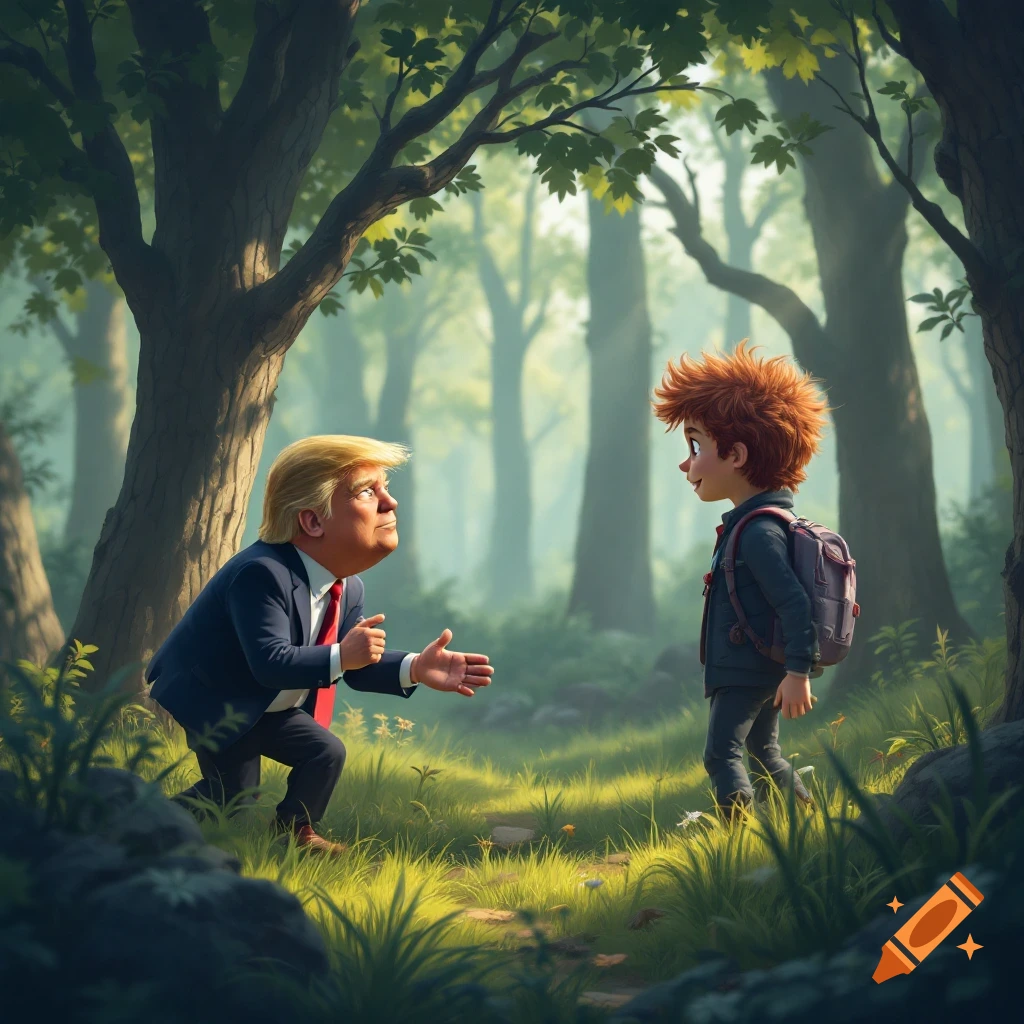 Cartoon illustration of Donald Trump kneeling and reaching towards a boy with a backpack in a forest.