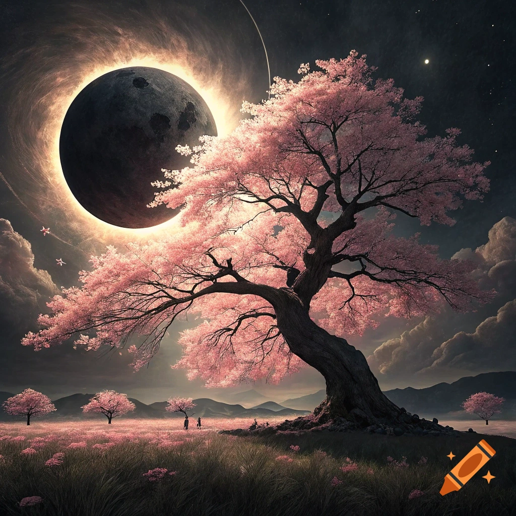 Large cherry blossom tree on a hill under a dramatic celestial eclipse over a flower field.